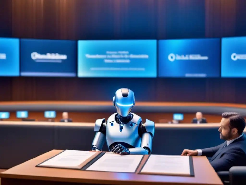 La sala de tribunales del futuro: robots jueces y abogados AI en debate Un tribunal futurista con robots jueces y profesionales discutiendo, destacando la Inteligencia Artificial en Legislación Inmobiliaria