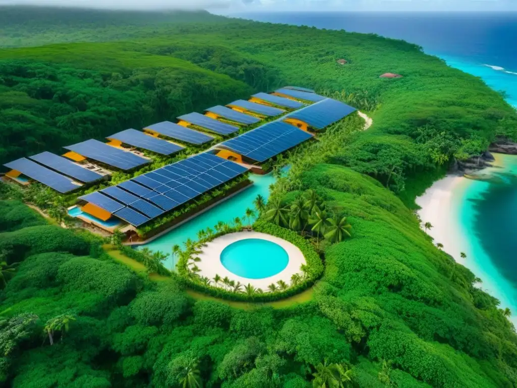 Ecoresort de lujo sostenible en el Caribe Turismo sostenible en un lujoso ecoresort en el Caribe, donde la arquitectura se fusiona con la naturaleza y el mar turquesa