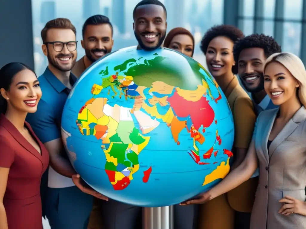 Colaboración global: diversidad y tecnología en hipotecas multidivisa Unidos en diversidad alrededor de un globo digital, mostrando ventajas hipotecas multidivisas internacionales