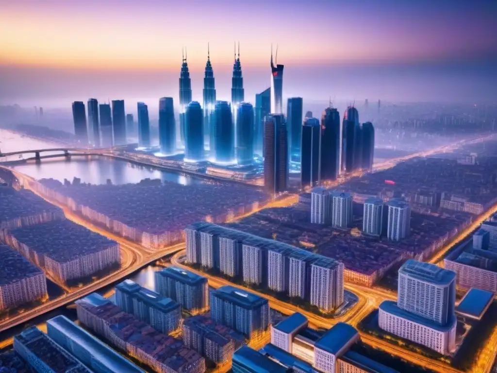 Metrópolis futurista: luces y progreso urbano Transformación urbana en grandes ciudades: paisaje nocturno con rascacielos futuristas iluminados y avanzados sistemas de transporte