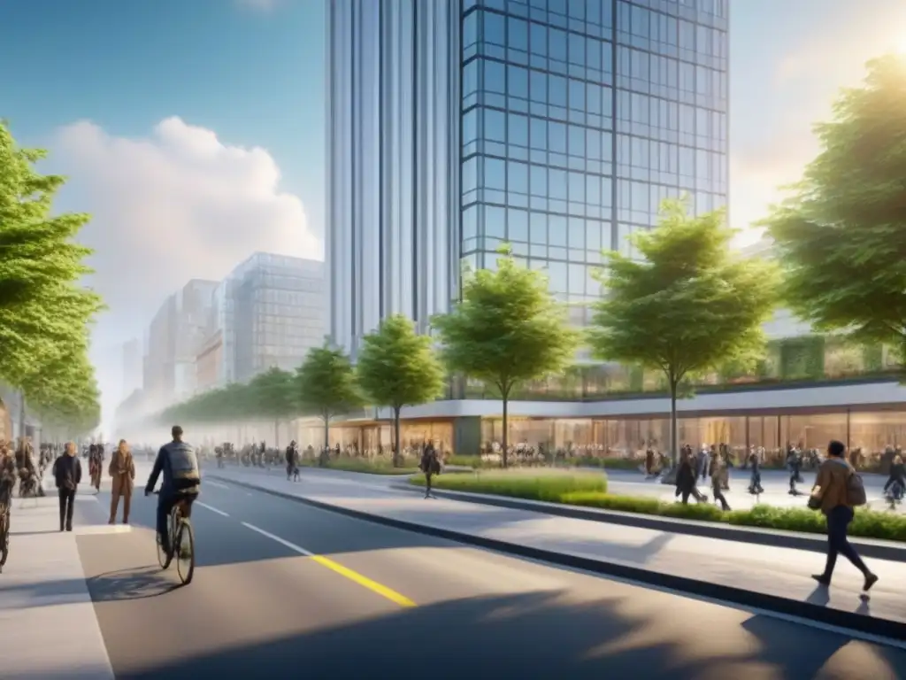 Esquina urbana sostenible: armonía entre naturaleza y modernidad Intersección urbana sostenible con soluciones de movilidad verde y arquitectura eco en ciudad moderna