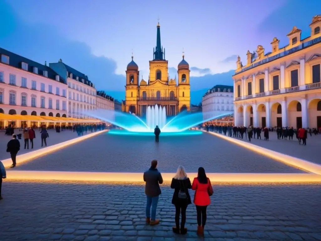 Plaza nocturna: turistas descubriendo la ciudad con guía local Planificación urbana para atraer turistas: Turistas y guía exploran plaza urbana iluminada por luces de la ciudad al anochecer