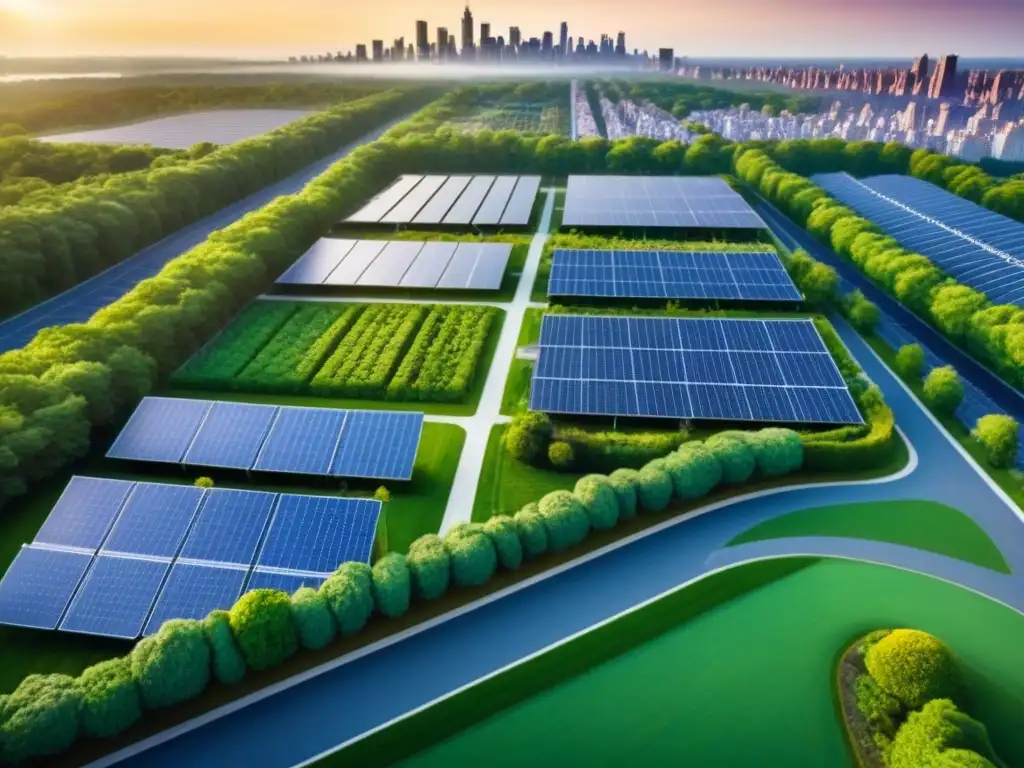 Desarrollo urbano sostenible: armonía moderna y natural Inversión en urbanizaciones sostenibles: Un desarrollo urbano sostenible con techos verdes, paneles solares, jardines comunitarios y parque central