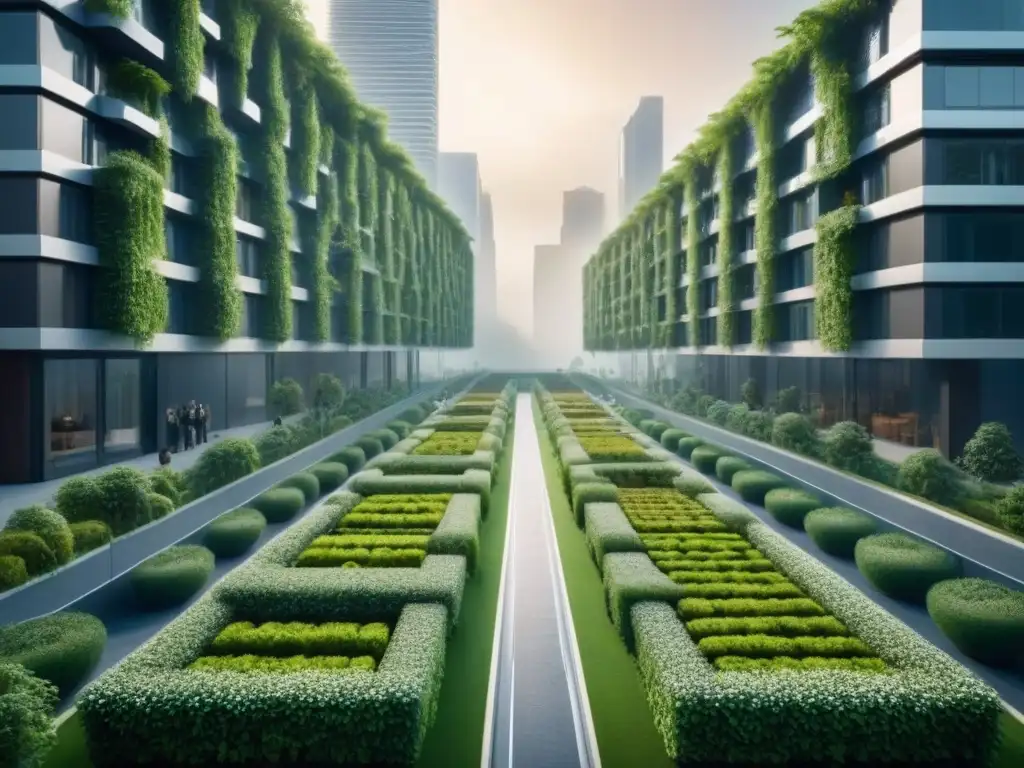 Desarrollo urbano sostenible del futuro: edificios verdes y tecnología eco Inversión en urbanizaciones sostenibles: Ciudad futurista con edificios verdes, paneles solares, jardines verticales y vehículos eléctricos