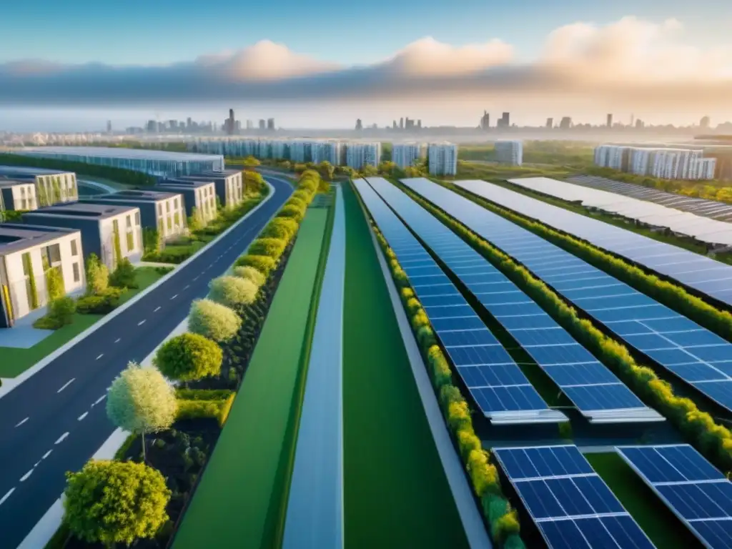 Desarrollo urbano sostenible: armonía moderna con la naturaleza Inversión en urbanizaciones sostenibles: Una vista aérea impresionante de un desarrollo urbano sostenible con espacios verdes, paneles solares en techos, carriles para bicicletas y arquitectura moderna en armonía con la naturaleza