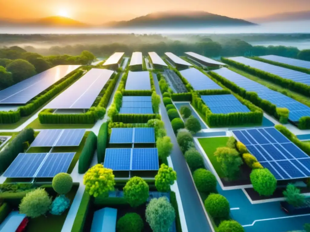 Desarrollo urbano sostenible: armonía entre naturaleza e infraestructura Inversión en urbanizaciones sostenibles: vista aérea detallada de un desarrollo urbano sostenible con espacios verdes y paneles solares en los techos