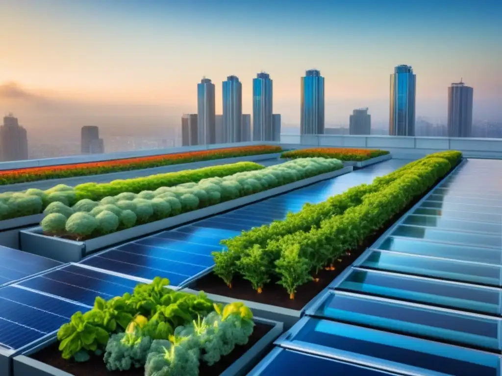 Jardín en la azotea: oasis verde en la ciudad moderna Jardín urbano verde en rascacielos moderno con sistemas de riego, paneles solares y plantas diversas; fondos de cristal y cielo azul