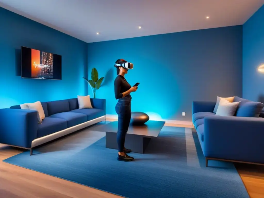 Salón futurista con realidad virtual y hologramas Vanguardia en el Home Staging Virtual con IA, sala futurista con headsets de realidad virtual y tecnología de punta