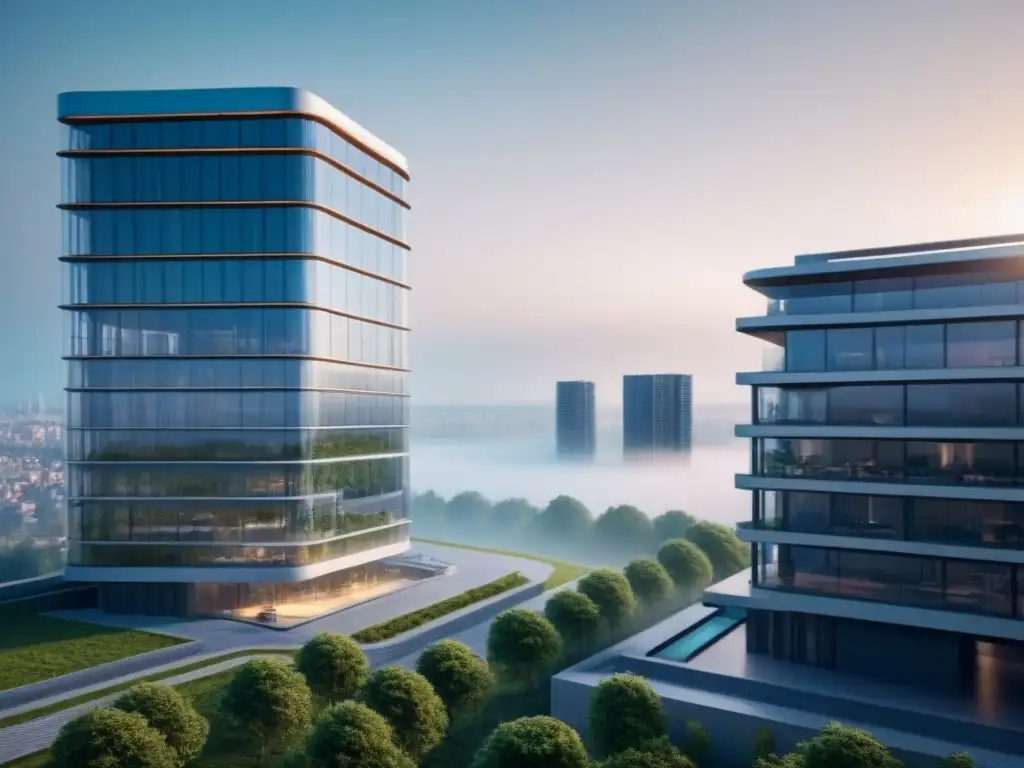 Edificio inteligente futurista con IA integrada y tecnología de vanguardia Vanguardista edificio inteligente con IA integrada y tecnología de punta, fusionándose perfectamente en el paisaje urbano