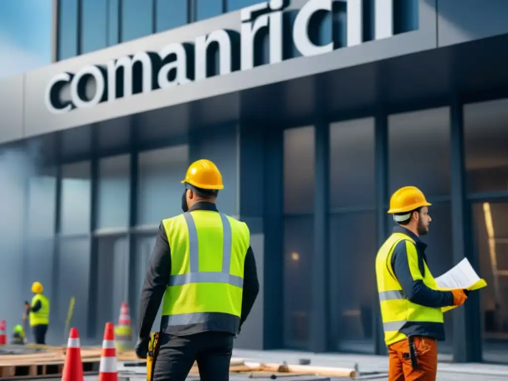 Renovación vanguardista de fachada comercial en 8k Renovación vanguardista de propiedad comercial con trabajadores y planos arquitectónicos