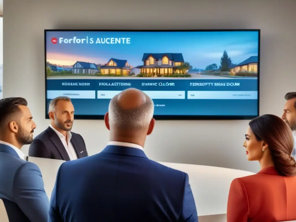 Subasta inmobiliaria: diversidad y profesionalismo en acción Un variado grupo de profesionales participa atentamente en una subasta inmobiliaria moderna