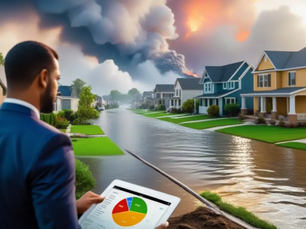 Desastres climáticos en vecindario: urgencia y seguro Vecindario afectado por desastres climáticos, ajustadores evaluando daños, gráfico de aumento eventos por cambios climáticos