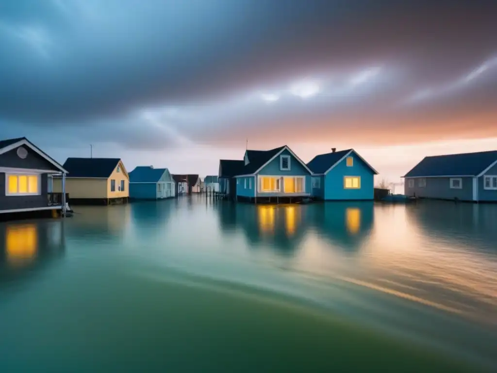 Desastre climático: casas inundadas al atardecer Vecindario inundado por el aumento del nivel del mar, impacto cambios climáticos seguros vivienda