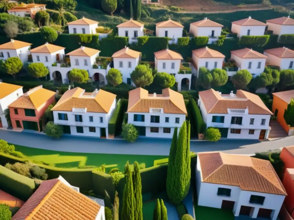 Vibrante vecindario: casas coloridas y parques en España Un vecindario moderno en España con casas coloridas y terrazas bajo el sol mediterráneo