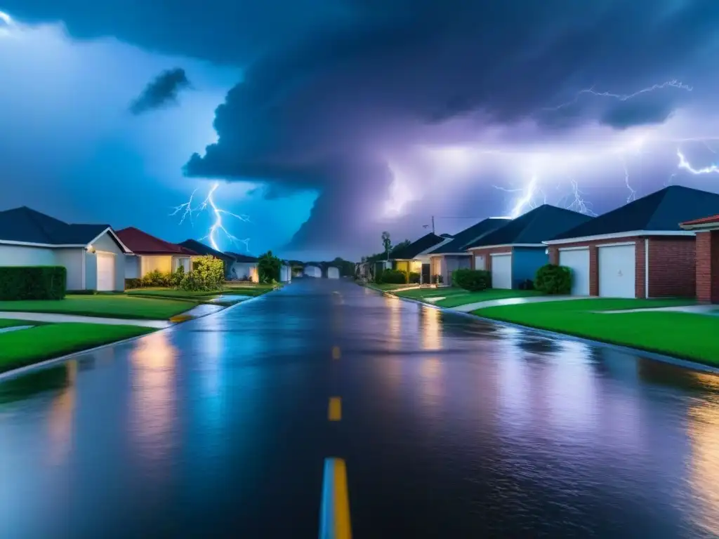 Vecindario afectado por inundaciones: solidaridad y desastre Vecindario residencial afectado por cambios climáticos, con calles inundadas, casas dañadas y residentes trabajando juntos para mitigar el impacto, bajo un cielo dramático con nubes oscuras y relámpagos al fondo