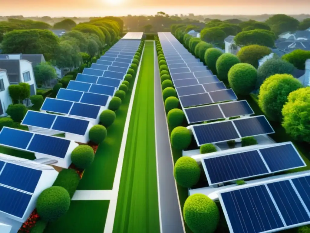 Vecindario residencial eco-sostenible: armonía urbana verde Un vecindario residencial con espacios verdes, paneles solares y ciclovías, integrando armoniosamente regulaciones conservación valor propiedad