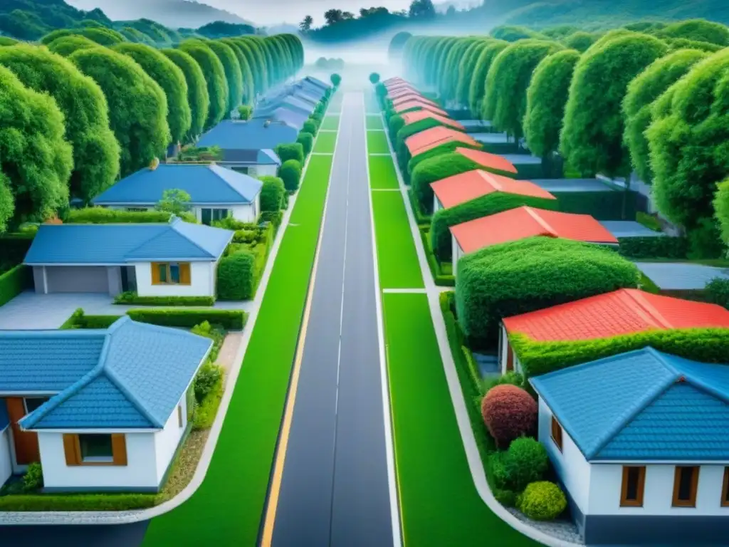 Vecindario seguro: casas modernas con medidas anti desastres Un vecindario seguro ante desastres naturales, con casas modernas y medidas de protección, rodeado de vegetación