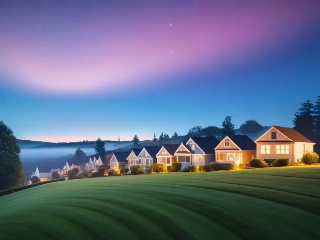Hermosa ilustración suburbana al anochecer con casas únicas iluminadas Un vecindario suburbano en calma al anochecer, casas iluminadas y arquitectura diversa