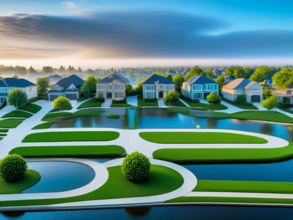 Vecindario suburbano moderno con medidas contra inundaciones Vecindario suburbano moderno con medidas antiinundaciones y cielo azul despejado
