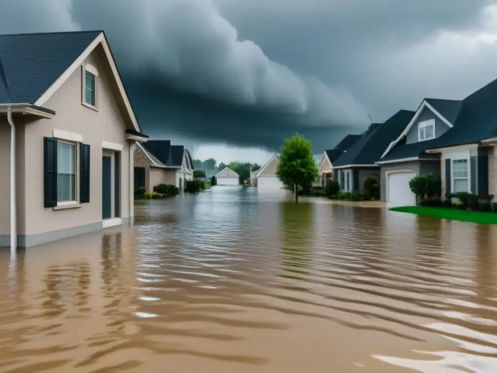 Inundación en barrio suburbano: belleza y peligro Vecindario suburbano bajo inundación, reflejando riesgo y belleza