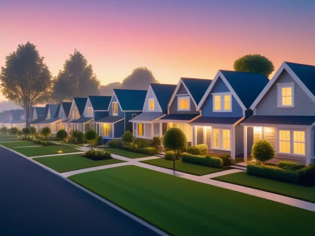 Illustración digital: Vecindario protegido con seguros de hogar Un vecindario suburbano sereno al anochecer protegido por escudos de seguro de vivienda propietario, transmitiendo seguridad y paz