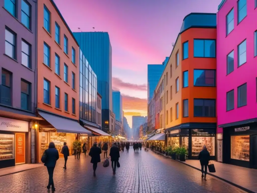 Atardecer vibrante en barrio único Un vecindario vibrante y moderno al atardecer, con arquitectura única y bulliciosas calles comerciales