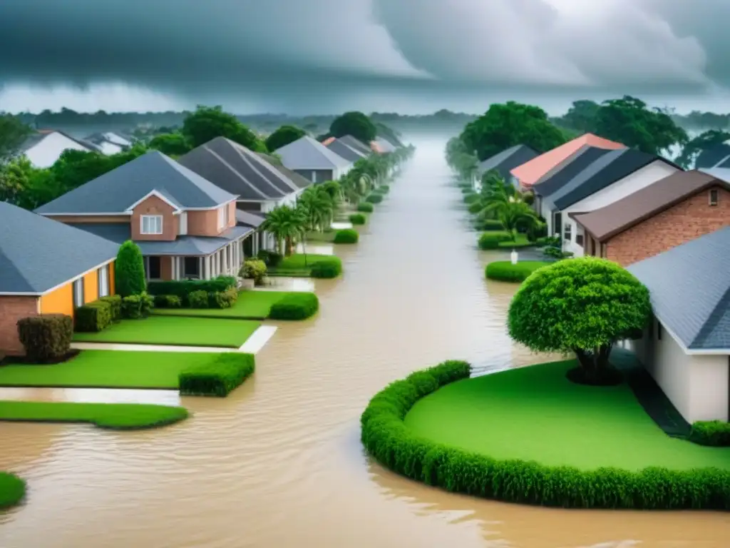 Reclamos de seguro por inundaciones: interacción en zona residencial Vecinos y agentes de seguros en área residencial inundada, enfatizando la cobertura de seguros vivienda ante riesgo de inundaciones