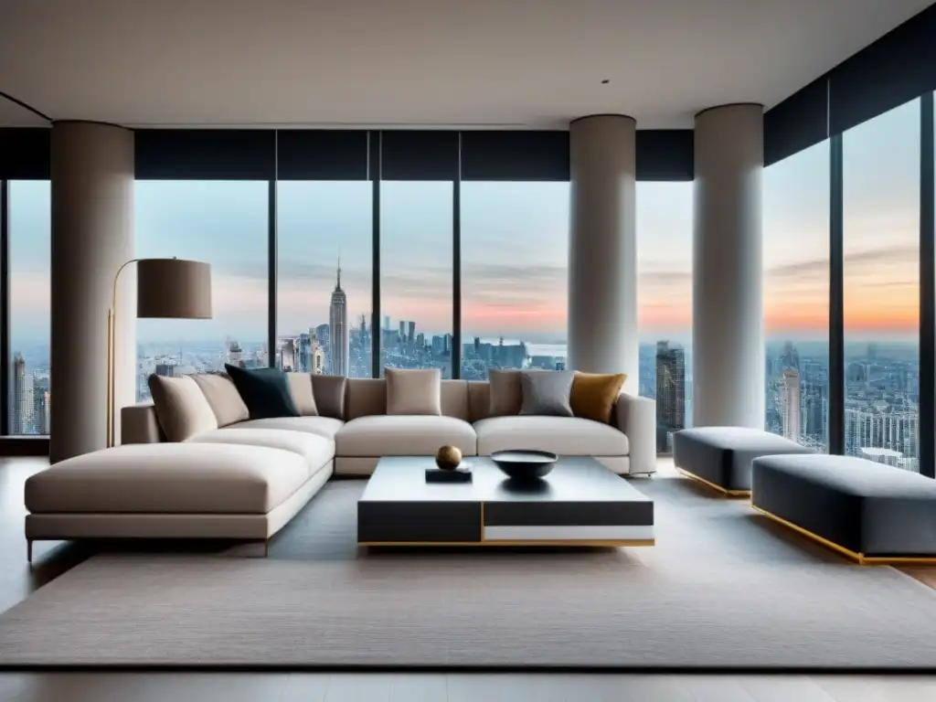 Sala de estar de lujo: elegancia contemporánea en propiedad de alto standing Venta de propiedades de lujo: lujoso salón moderno con ventanales panorámicos y elegante decoración en tonos crema, gris y dorado