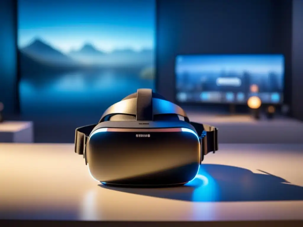 Realidad virtual: tecnología vanguardista en un entorno futurista Ventajas de tours virtuales en el mercado inmobiliario: sofisticado visor de realidad virtual en un escritorio futurista iluminado