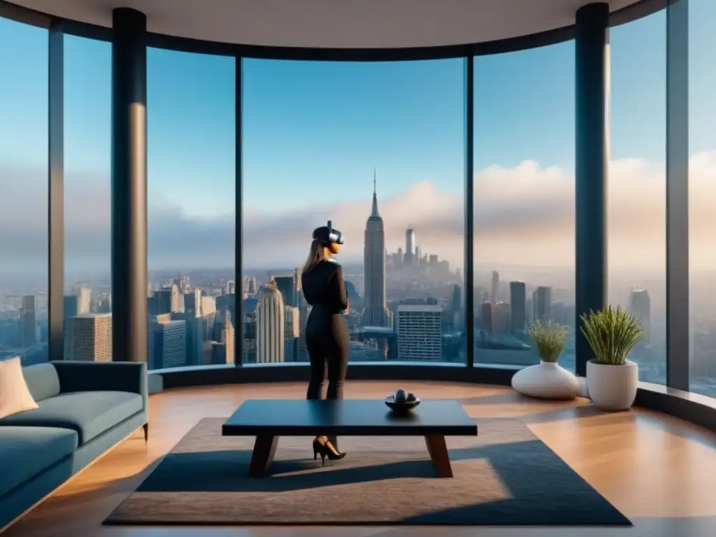 Exclusiva sala virtual de lujo en alta definición 8k Ventajas tours virtuales sector inmobiliario: Sala de lujo con vista urbana, muebles modernos y tecnología innovadora