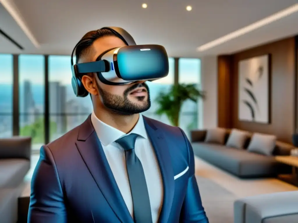 Revolutionize Property Buying: Realidad Virtual en Casa de Lujo Explora las ventajas de las visitas virtuales inmobiliarias con un headset moderno y elegante en un ambiente sofisticado e innovador
