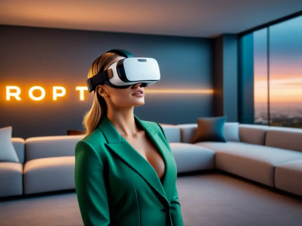 Realidad Virtual Futurista en Sala de Estar Ventajas visitas virtuales inmobiliarias: Increíble imagen de un auricular de realidad virtual futurista en un salón sofisticado