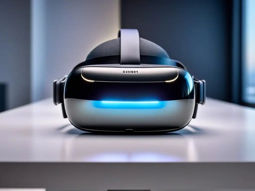 Headset de realidad virtual: diseño futurista en 8k Ventajas de visitas virtuales inmobiliarias: imagen de un headset de realidad virtual en mesa futurista iluminado con luz ambiental