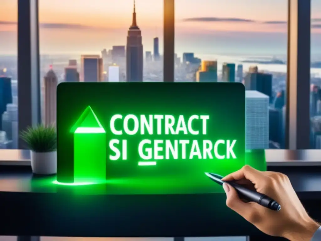 Contrato digital firmado con éxito en oficina moderna Ventas inmobiliarias con firmas digitales: Firma digital exitosa en moderna oficina con vista urbana
