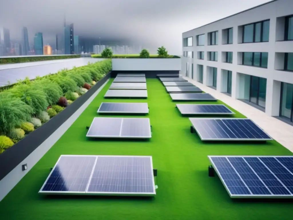 Jardín verde en azotea urbana: sostenibilidad y modernidad Un jardín verde exuberante en la azotea de un edificio urbano moderno, con paneles solares y sistemas de recolección de agua de lluvia