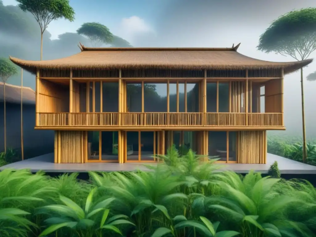 Edificio eco-sostenible de bambú: diseño innovador y elegante Construcción verde de materiales sostenibles en moderno edificio de bambú rodeado de naturaleza exuberante