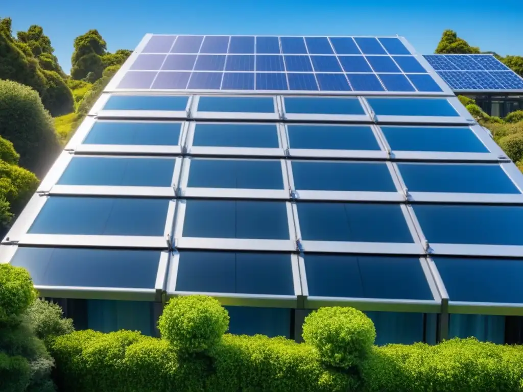 Edificio sostenible: arquitectura moderna en armonía con la naturaleza Construcción verde con moderno diseño ecoamigable y elementos sostenibles, rodeada de naturaleza, bajo cielo azul claro