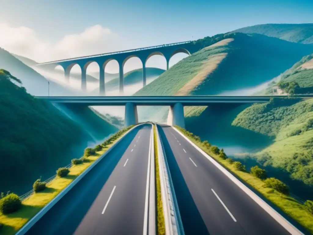 Viaducto futurista: diseño innovador en un valle verde Un viaducto futurista y elegante en un valle verde, mostrando tecnología avanzada