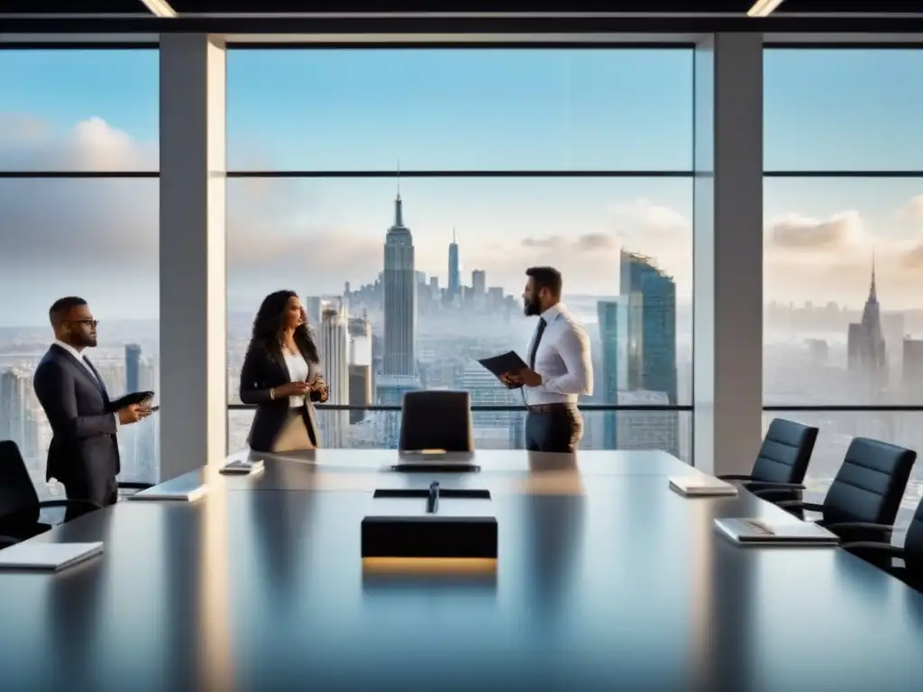 Profesionales innovadores en sesión de brainstorming en oficina moderna Un vibrante ambiente de oficina moderna con profesionales diversos colaborando en una sesión de lluvia de ideas, rodeados de dispositivos digitales y papeles en una elegante mesa de vidrio