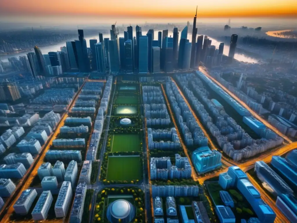 Metrópolis moderna: inversión y desarrollo urbano sostenible Vibrante metrópolis con arquitectura sostenible y espacios verdes, resaltando la importancia de los planes de ordenación urbana en inversión