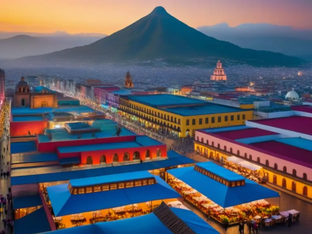 Cityscape mexicano: tradición y modernidad en armonía La vibrante fusión de arquitectura tradicional y moderna en una bulliciosa ciudad mexicana al atardecer