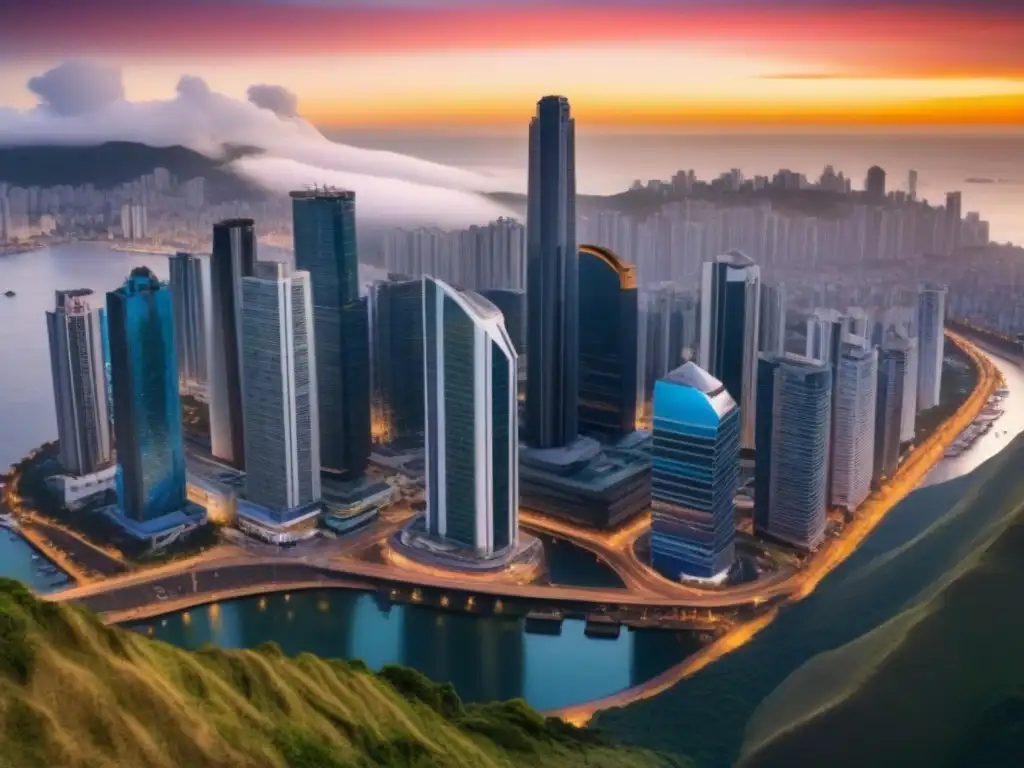 Metrópolis dorada: política y mercado inmobiliario en América Latina Un vibrante atardecer ilumina el ajetreado paisaje urbano, donde se entrelazan la arquitectura moderna y tradicional