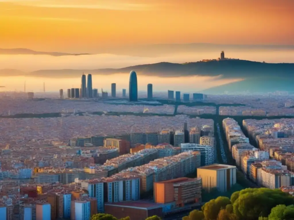 Barcelona al atardecer: mezcla de historia y modernidad en skyline 2023 Vibrante atardecer en Barcelona, mezcla de arquitectura histórica y rascacielos modernos