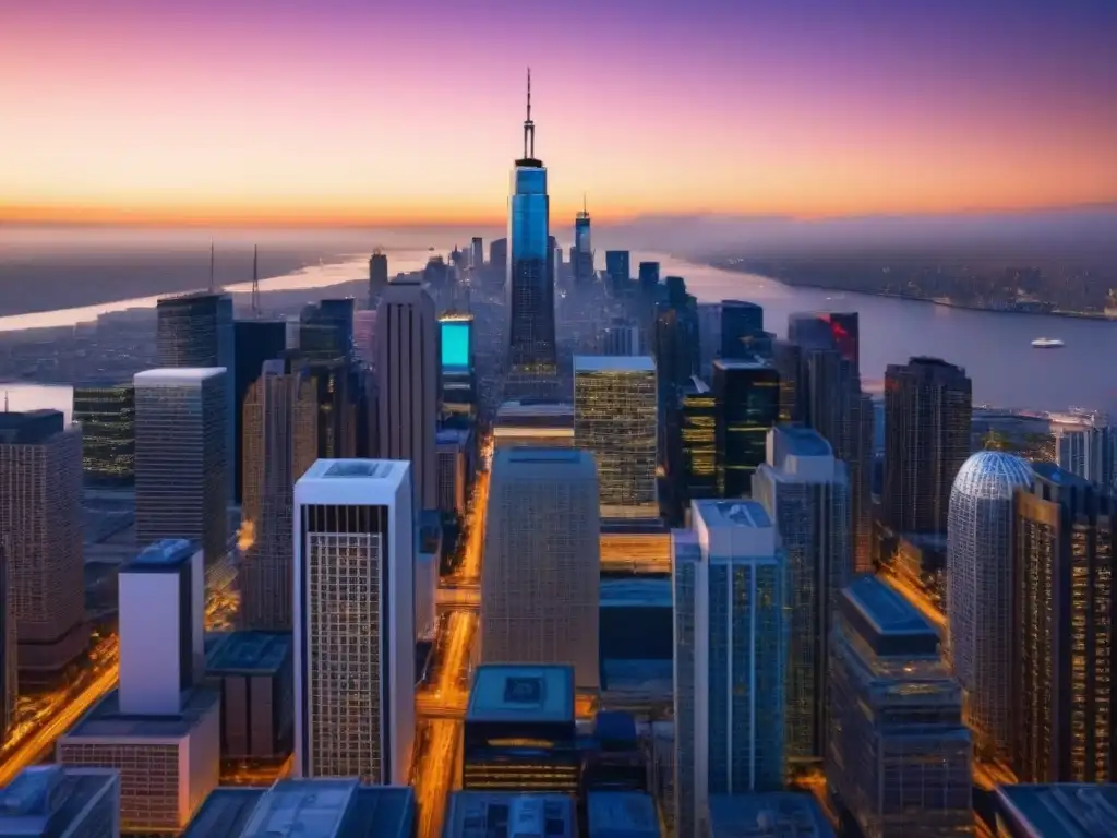 Horizonte urbano al atardecer: modernidad y oportunidad Un vibrante atardecer en la bulliciosa ciudad, con rascacielos modernos y luces brillantes que iluminan las calles