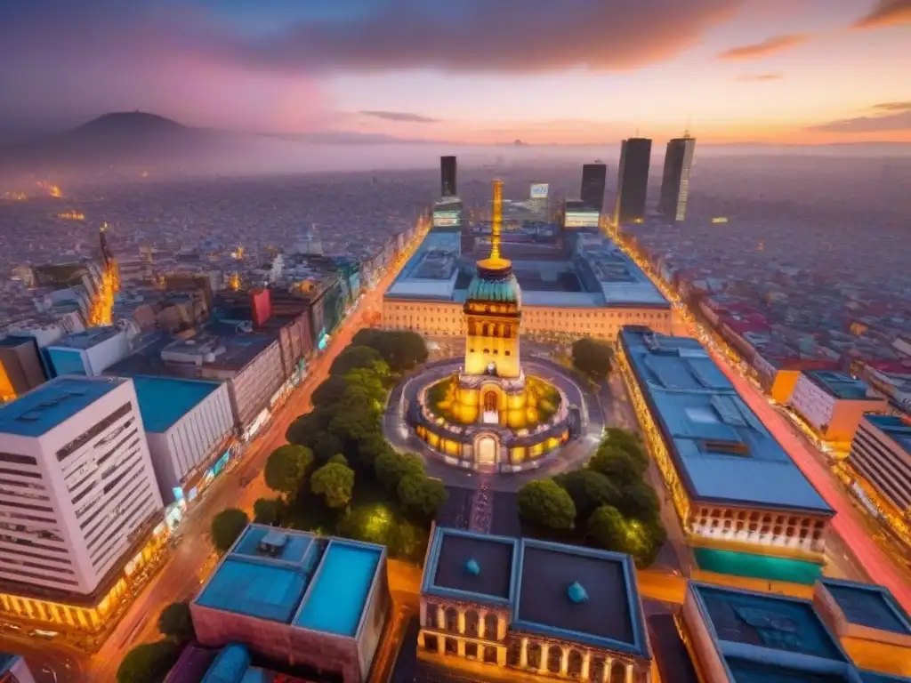 Panorámica impactante de Ciudad de México al anochecer Vibrante atardecer en la Ciudad de México, combinando arquitectura histórica y rascacielos modernos, iluminados por luces de la ciudad