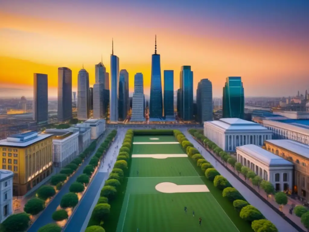 Vibrante ciudad al atardecer: parque urbano y rascacielos modernos Un vibrante atardecer en una ciudad bulliciosa con una mezcla de arquitectura histórica y rascacielos modernos