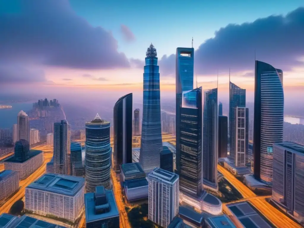 Skyline futurista con profesionales financieros en la hora dorada Un vibrante atardecer en una ciudad futurista con rascacielos iluminados y un distrito financiero activo