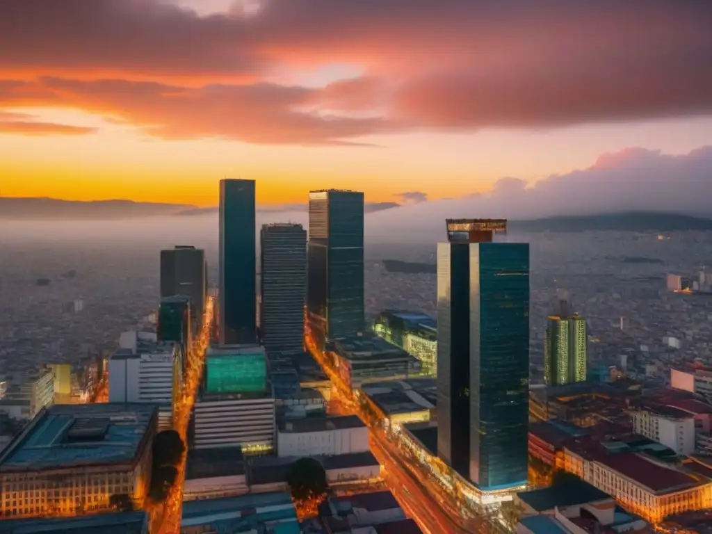 Vibrante atardecer en la Ciudad de México con icónicos rascacielos y una mezcla de arquitectura moderna e histórica