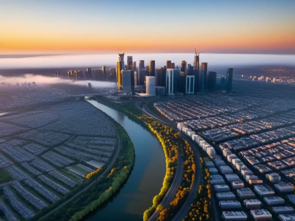 Un vibrante atardecer en la ciudad, con imponentes rascacielos y una red de calles y puentes activos