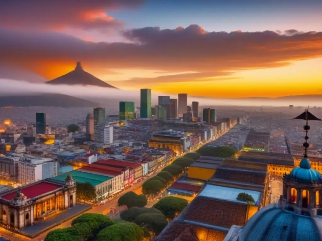 Vibrante atardecer en la Ciudad de México, mostrando su mercado inmobiliario desde las alturas